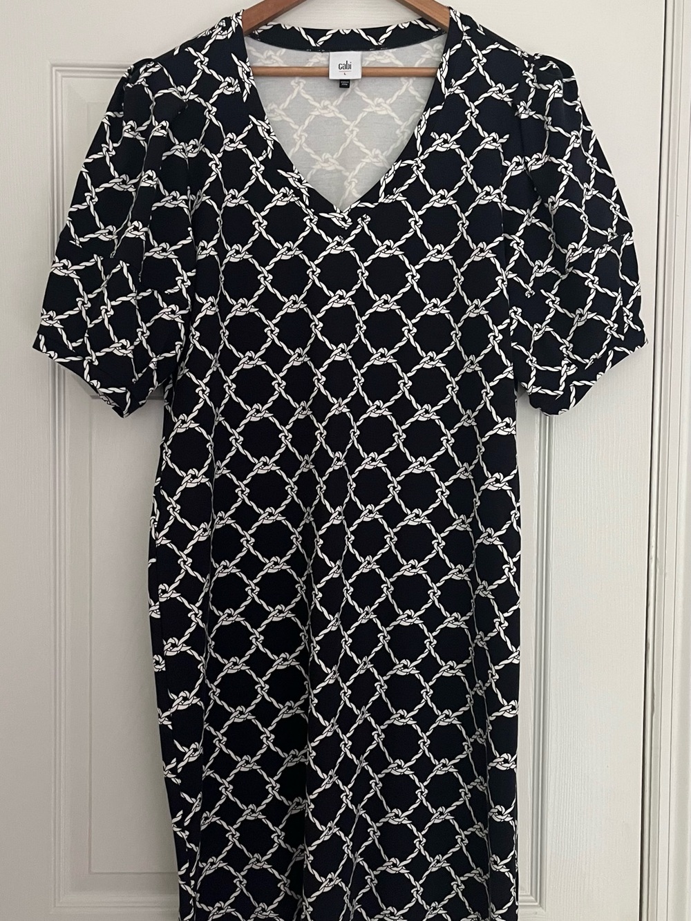 CAbi Cruise Dress Navy and White V-Neck Rope Print A-Line Dress - Picture 3 of 6